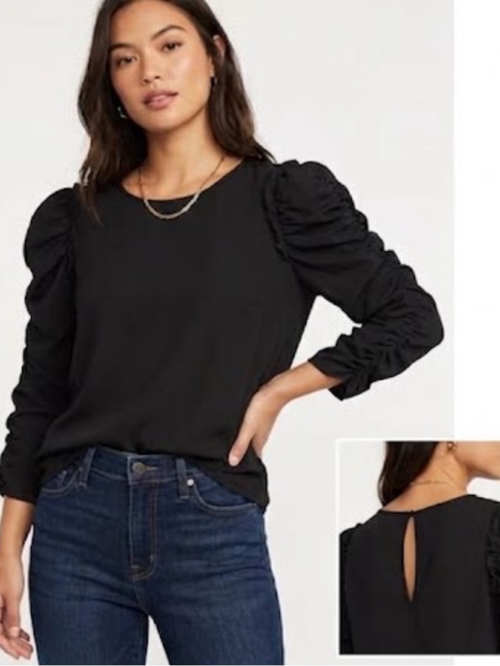🇪🇸🐠1. State puff shoulder ruched sleeve blouse keyhole back black XS